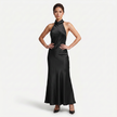 FJØRNA women's satin halter maxi dress with open back and cowl neck, perfect for formal evening occasions.