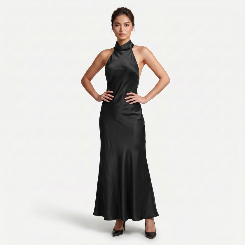 FJØRNA women's satin halter maxi dress with open back and cowl neck, perfect for formal evening occasions.