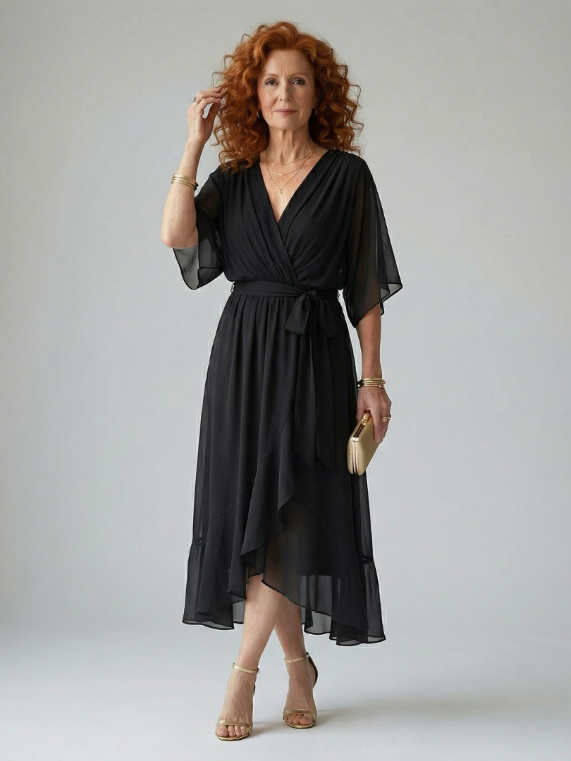 Flowy lightweight summer midi dress for women by FJØRNA, featuring a breezy, stylish design perfect for warm weather.