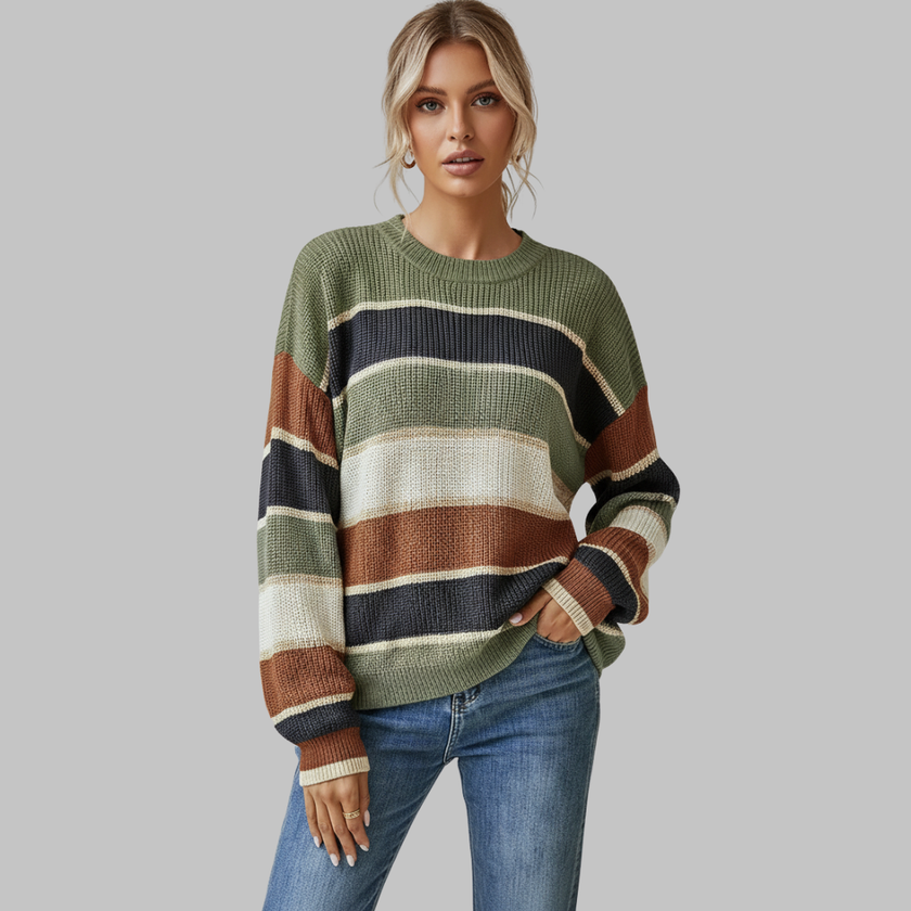 Women's Striped Colour-Block Crewneck Sweater