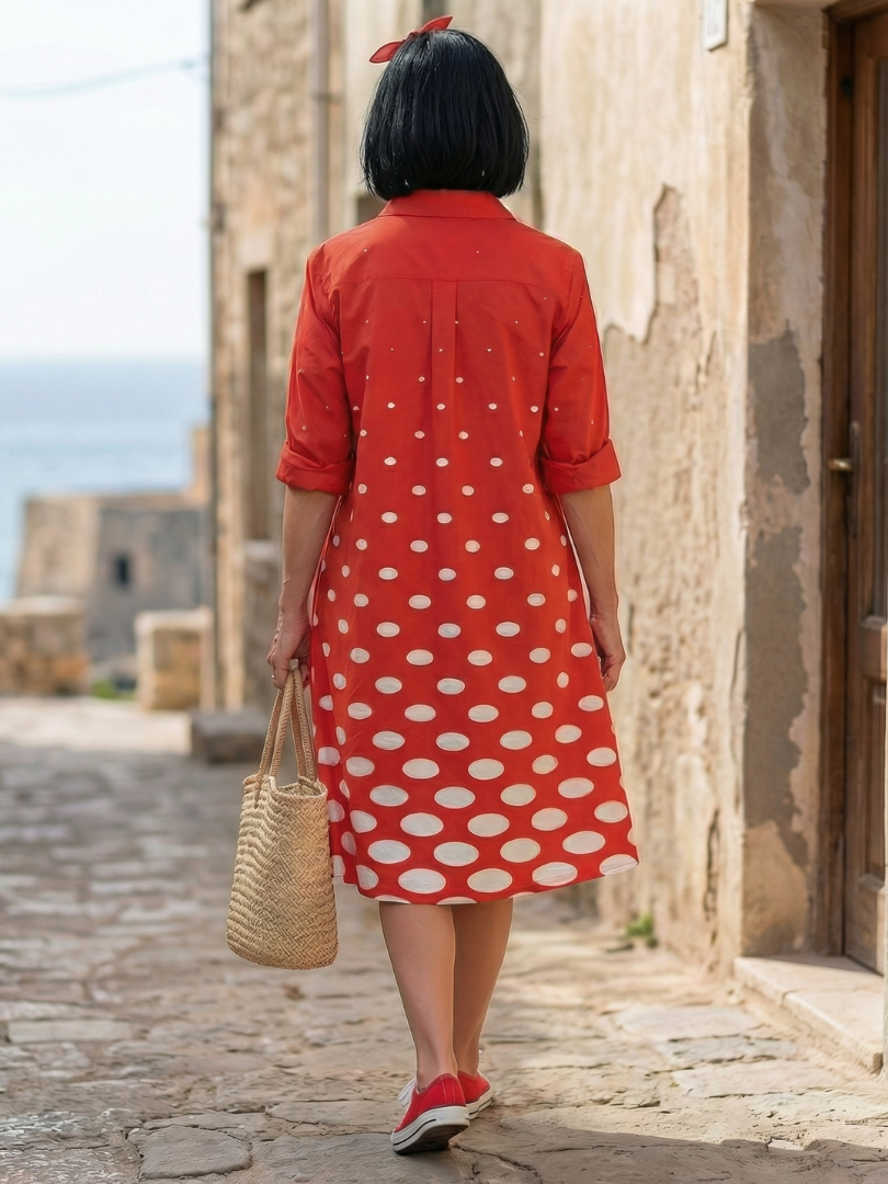 FJØRNA women's polka dot summer dress, flowy wrap style with short sleeves and a fitted waist, ideal for warm weather.