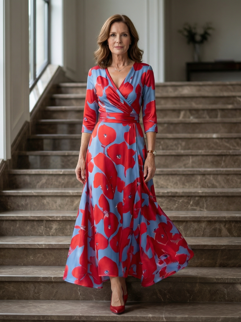 FJØRNA women's floral summer maxi dress with long sleeves, wrap design, flowy fabric, perfect for warm weather.