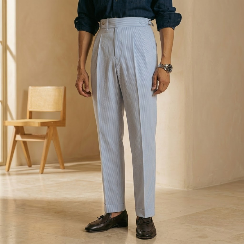 FJØRNA men's high waist straight leg tailored trousers, front view showing sleek, fitted design and classic style.