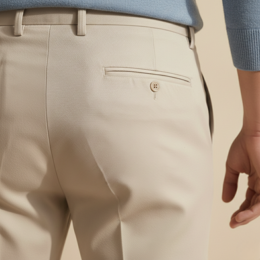 FJØRNA men's straight leg trousers in classic fabric, featuring a tailored fit and side pockets for a stylish, comfortable look.