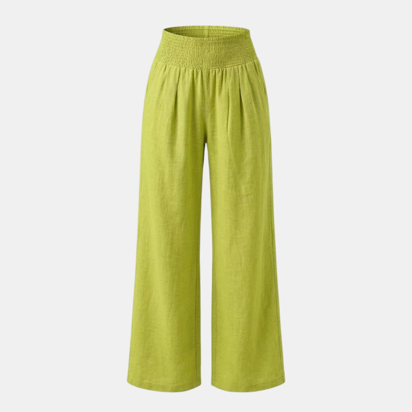 FJØRNA women's linen blend wide-leg trousers with elastic waist and relaxed fit, shown on a model in a casual setting.