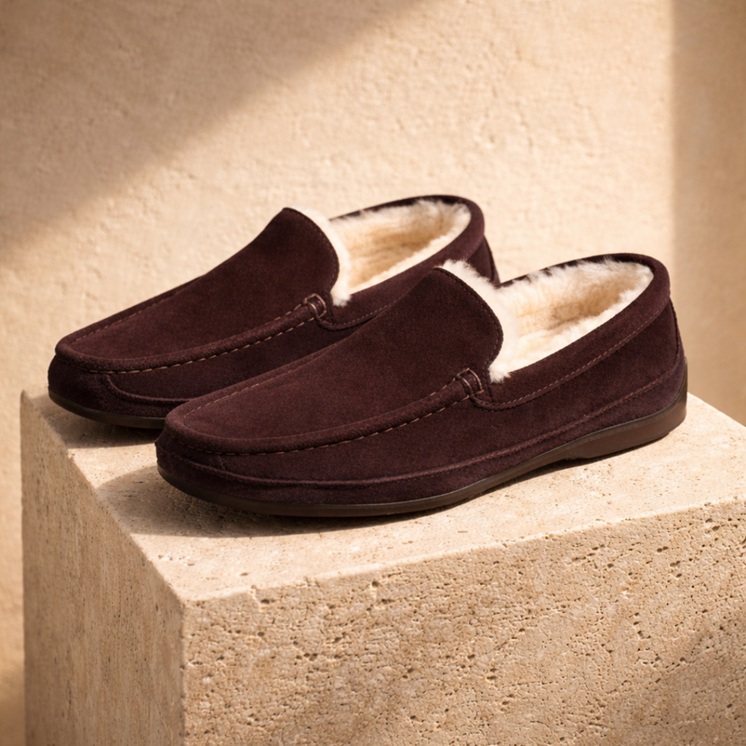 FJØRNA men's wool slippers with soft knit upper and cozy interior, designed for comfortable indoor wear.