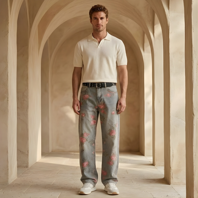 Men's relaxed fit baggy denim jeans by FJØRNA, showing front view of classic blue casual pants with pockets and belt loops.