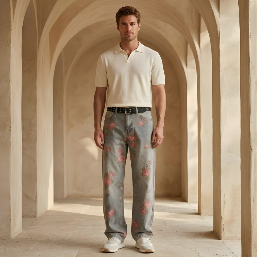 Men's relaxed fit baggy denim jeans by FJØRNA, showing front view of classic blue casual pants with pockets and belt loops.
