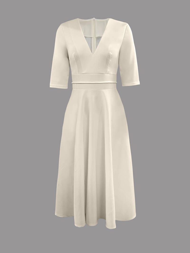 Navy FJØRNA wedding guest flared midi dress for women, elegant midi dress suitable for wedding guests, stylish and sophisticated.