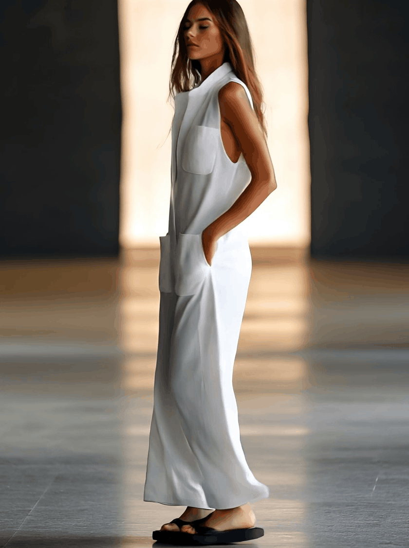 White linen sleeveless wide-leg jumpsuit for women by FJØRNA, featuring a relaxed fit and elegant design.