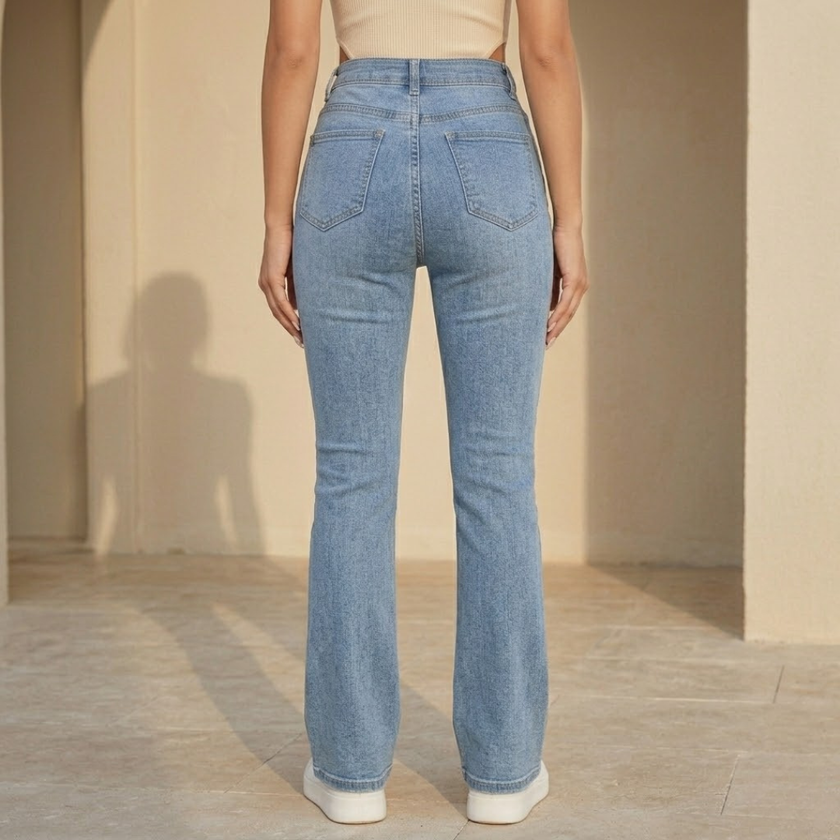 Women’s high waist bootcut jeans by FJØRNA, slim fit pants, shown in dark denim with classic five-pocket design.