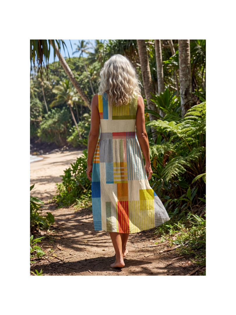 Flowy sleeveless summer midi dress for women by FJØRNA, featuring a wrap design and breathable fabric.