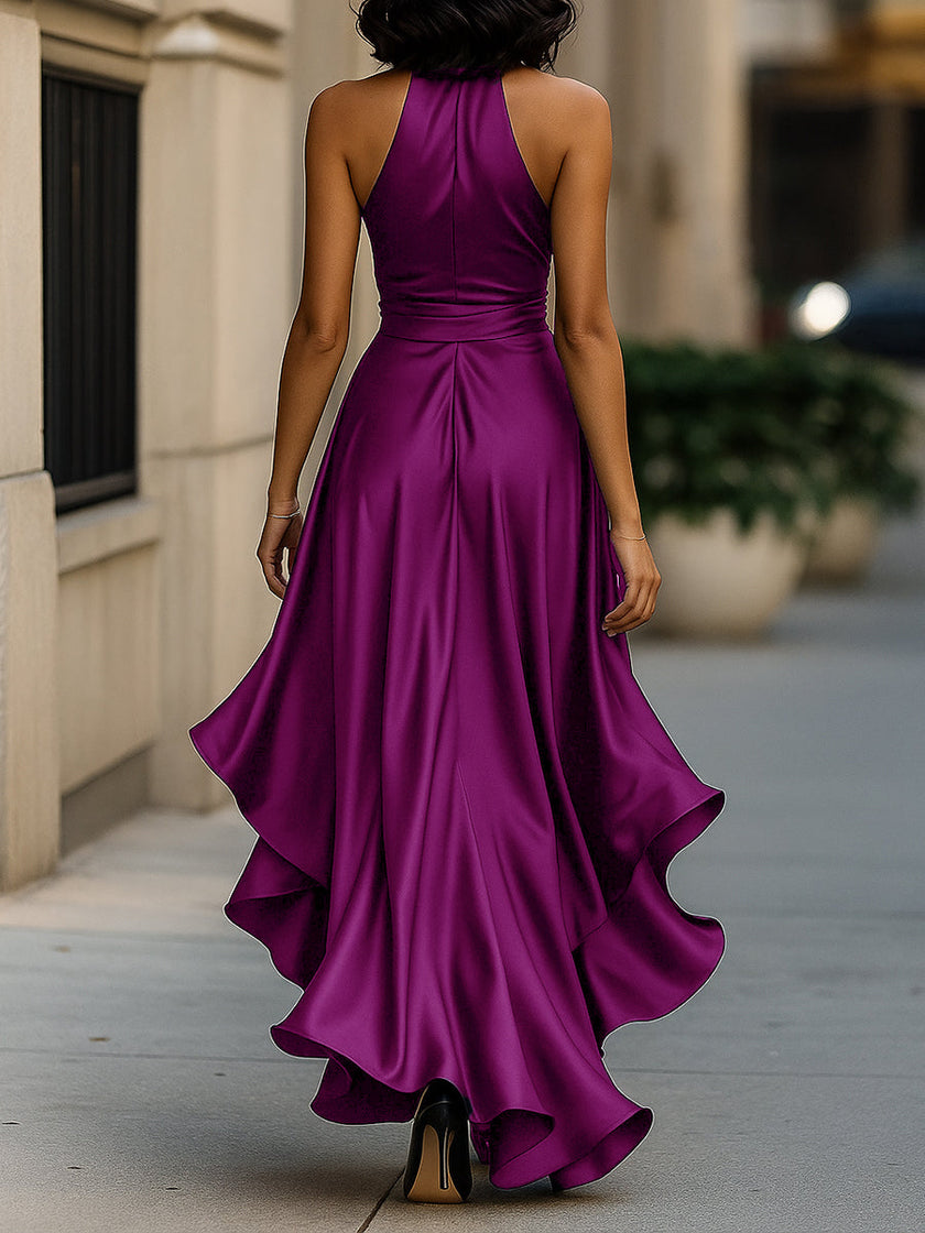 FJØRNA Midnight Elegance satin halter gown with ruffle details, elegant formal dress for evening events.
