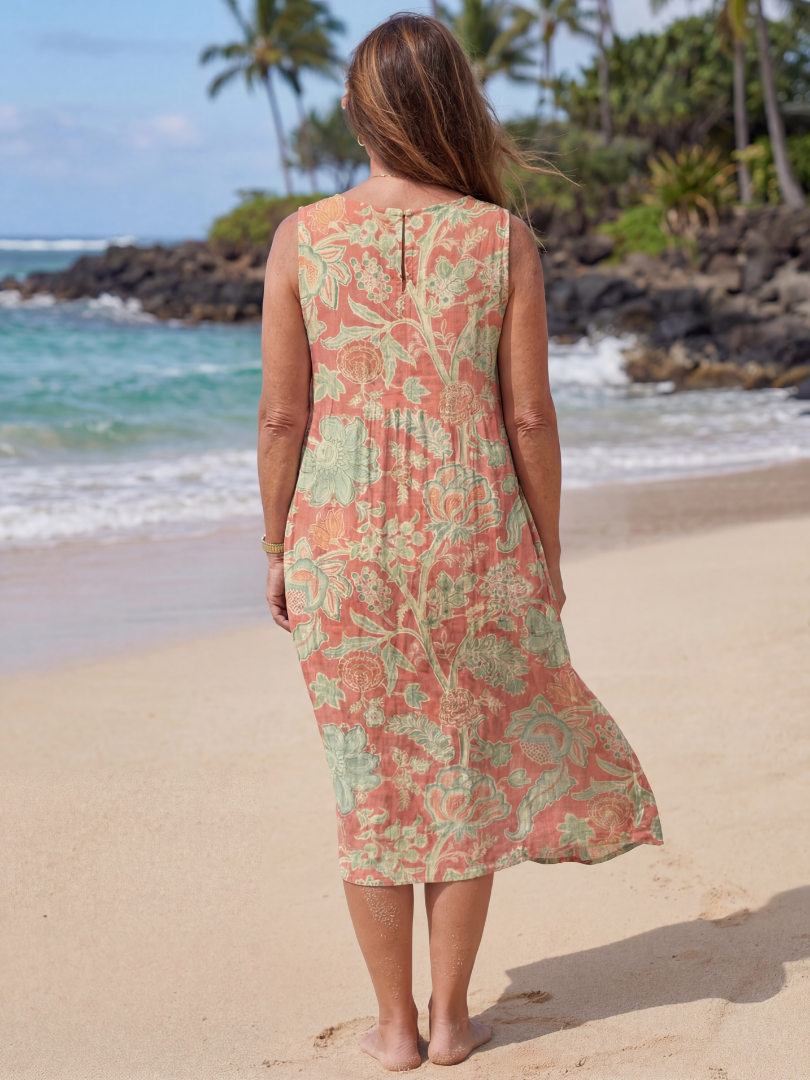 FJØRNA summer midi dress for women featuring a floral sleeveless design, perfect for beach or casual summer wear.