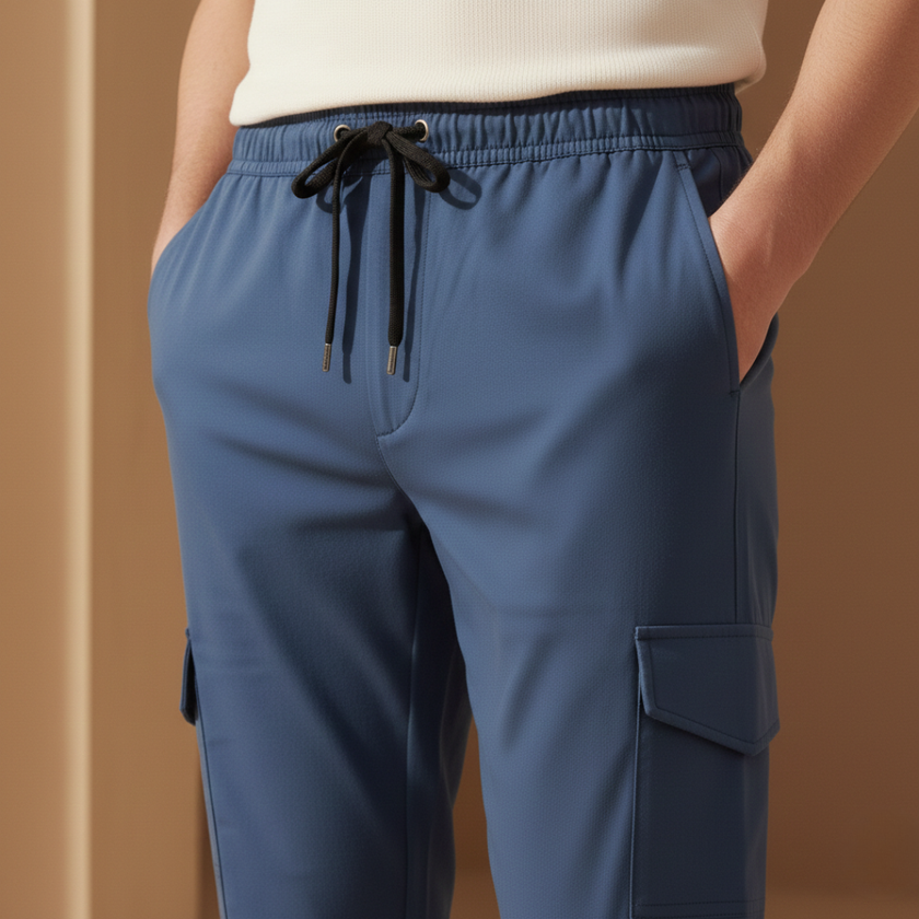 FJØRNA men's cargo trousers with drawstring waist, relaxed fit, casual style, in durable fabric, suitable for everyday wear