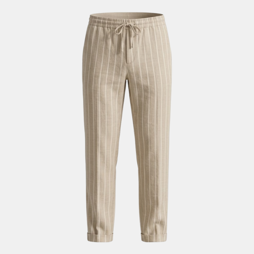 FJØRNA men's linen trousers with drawstring, relaxed fit, lightweight and comfortable for casual wear, shown with a neutral background.