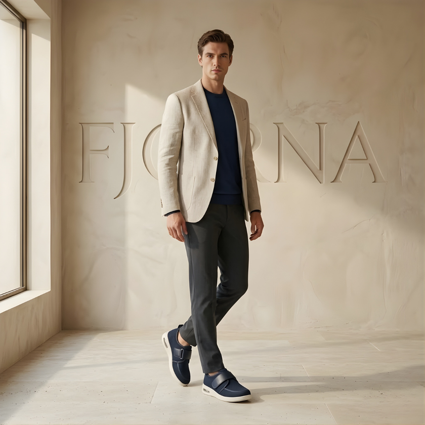 Red mesh men's trainers from FJØRNA featuring breathable fabric and velcro straps for comfortable, easy wear.