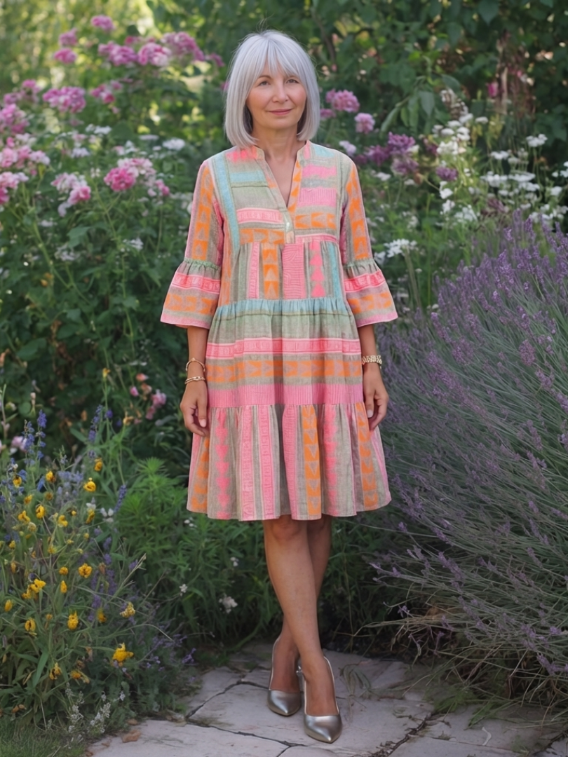 FJØRNA women's summer dress with geometric tiered design, sleeveless style, lightweight fabric, perfect for warm weather.