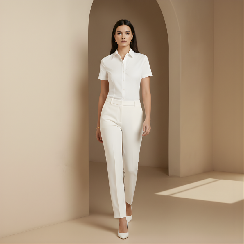 Relaxed fit linen shirt for women by FJØRNA, short sleeve top made from breathable linen fabric, casual summer style.