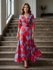 FJØRNA women's floral summer maxi dress with V-neck wrap design, flowing lightweight fabric, perfect for warm weather.