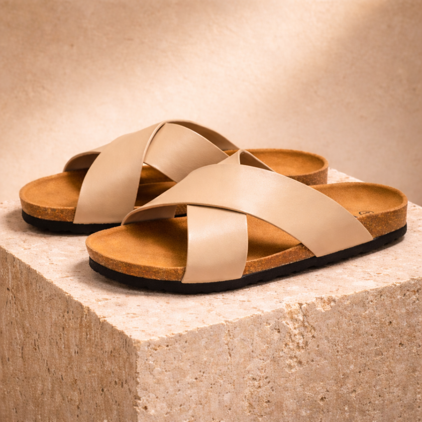 Red men's sandals by FJØRNA with cushioned soles, featuring open-toe design and adjustable straps for comfortable wear.