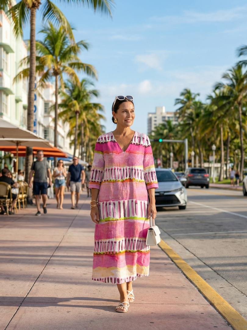 FJØRNA women's summer midi dress with striped pattern, long sleeves, flowy and relaxed fit, perfect for warm weather.