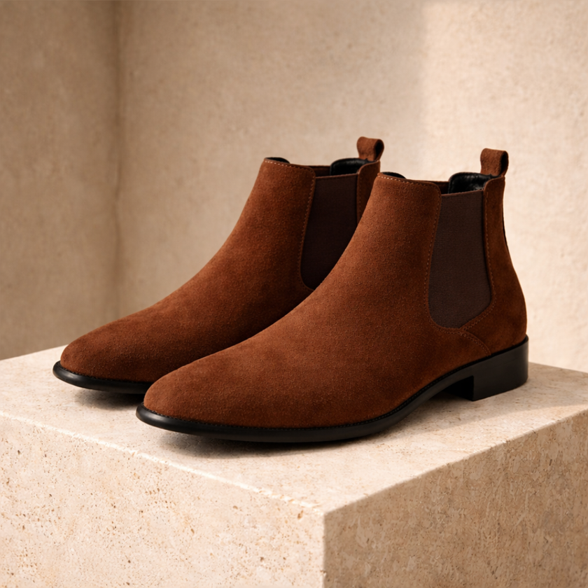 FJØRNA men's slip-on Chelsea boots in black leather, stylish ankle-high shoes with elastic side panels for easy wear.