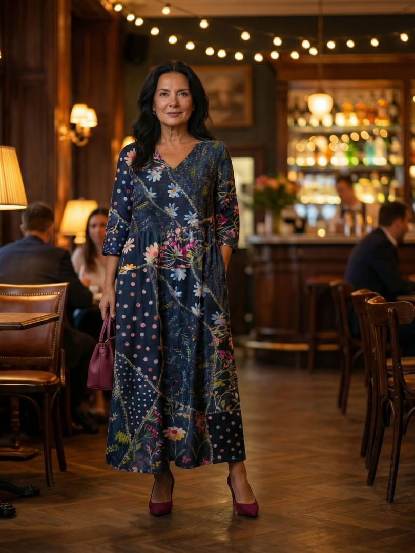 FJØRNA women's floral summer midi dress with long sleeves and wrap design, perfect for warm-weather occasions.