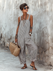 FJØRNA striped sleeveless women’s jumpsuit with square neck, loose fit, and wide-leg pants, featuring a stylish striped pattern.