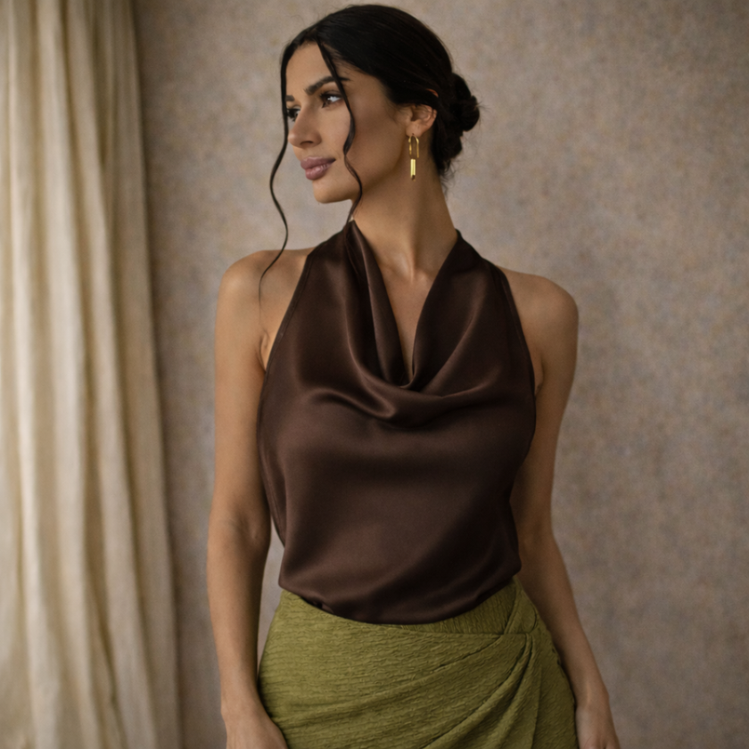 FJØRNA satin top for women, stylish men's-inspired top in smooth, shiny fabric, displayed on a hanger.