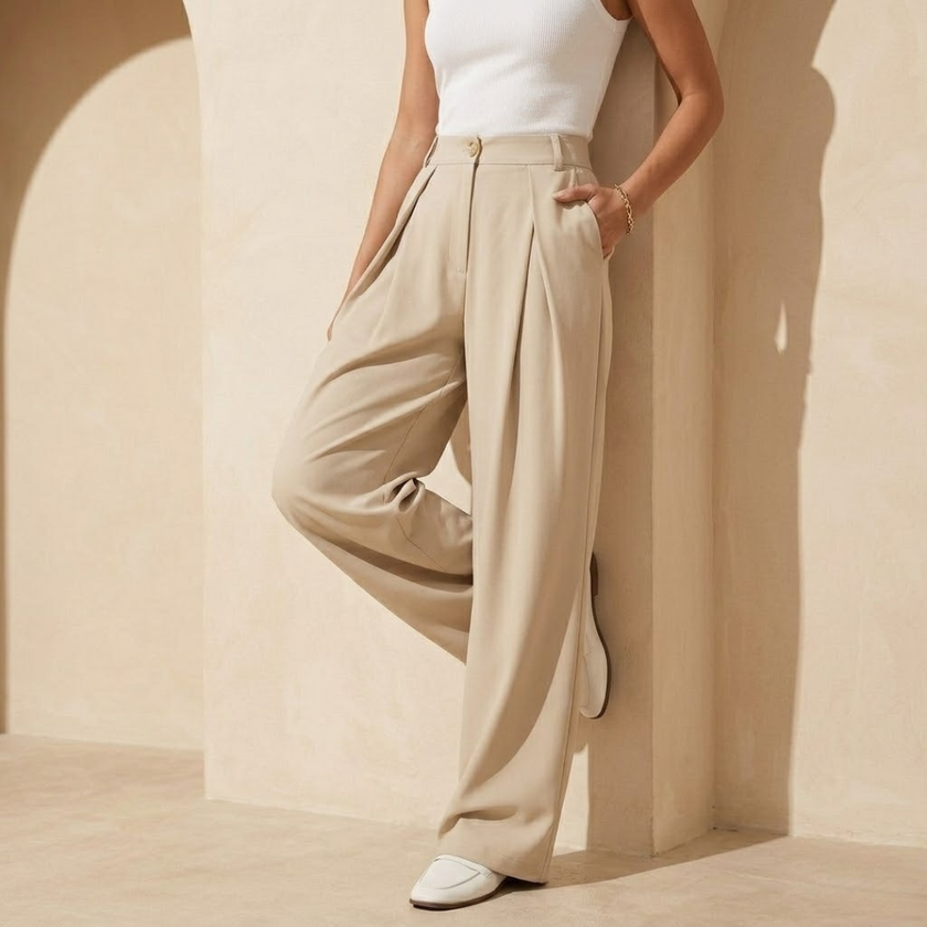 Women’s high waisted wide leg tailored pants by FJØRNA, showcasing the elegant fit and smooth fabric in neutral color.