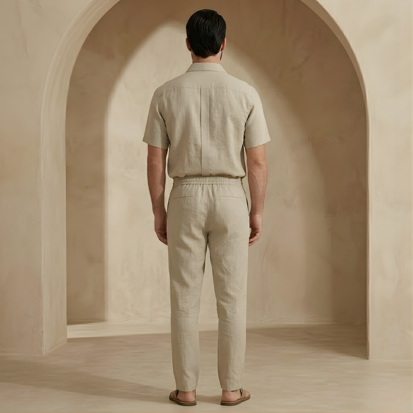 FJØRNA women's linen co-ord set with shirt and trousers, perfect for summer, featuring lightweight breathable fabric.