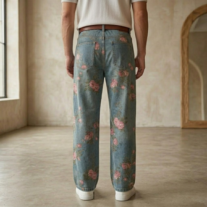 Men's denim jeans from FJØRNA featuring floral pattern, casual pants with classic fit and stylish design.