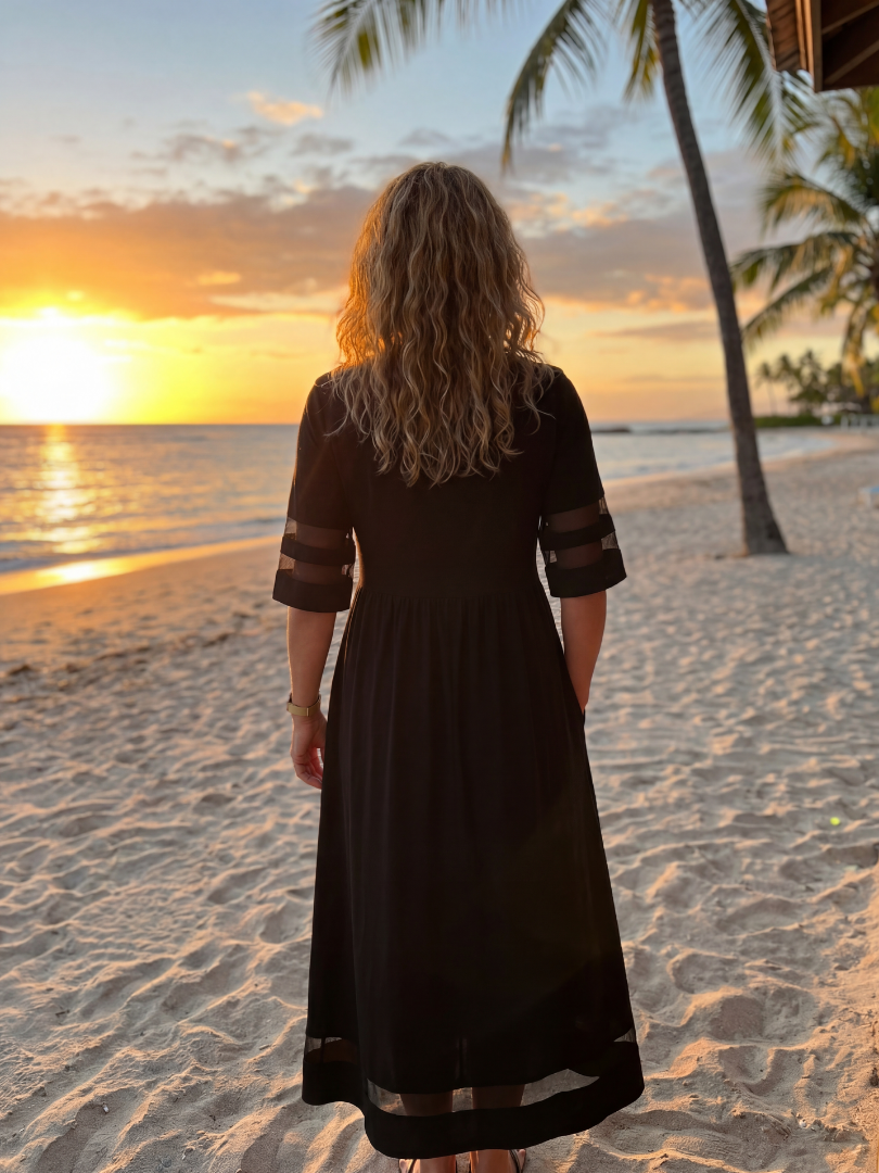 Elegant FJØRNA midi wrap dress for women, stylish evening dress with a flattering fit and sophisticated design.