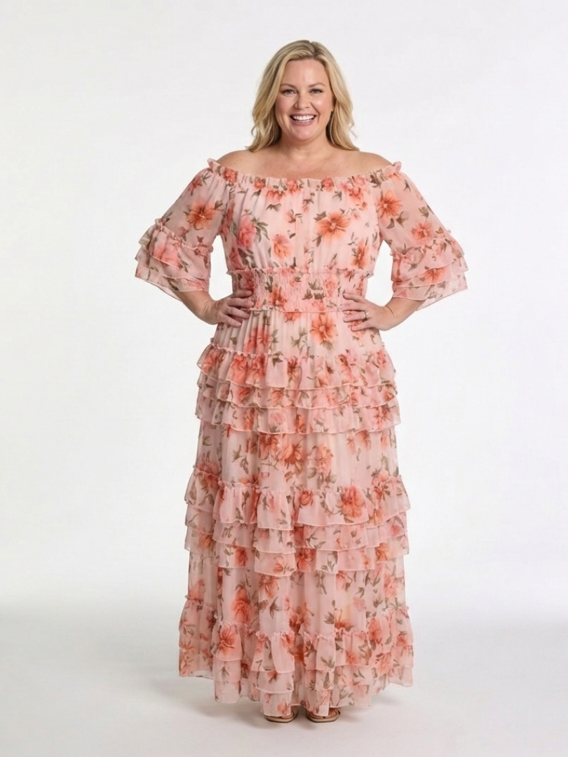 FJØRNA women's floral ruffle summer maxi dress with lightweight fabric and flowing design, perfect for warm weather.
