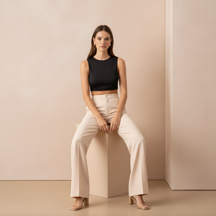 FJØRNA women's straight leg trousers, stylish and comfortable pants with a classic fit, shown in a neutral fabric on a model.