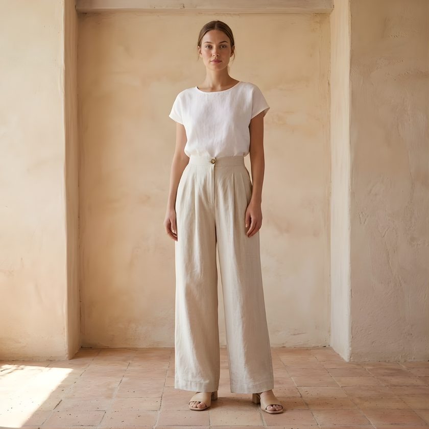 FJØRNA women's linen wide-leg trousers with high waist, tailored fit, and relaxed style, shown on a model.