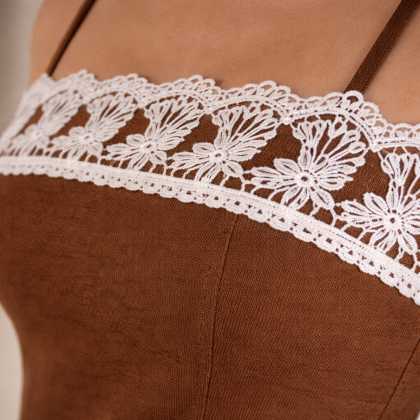 Women's cotton camisole top with lace trim by FJØRNA, sleeveless summer top with delicate lace details.