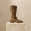 FJØRNA men's tan leather knee-high boots with block heels, stylish and durable shoes for men.