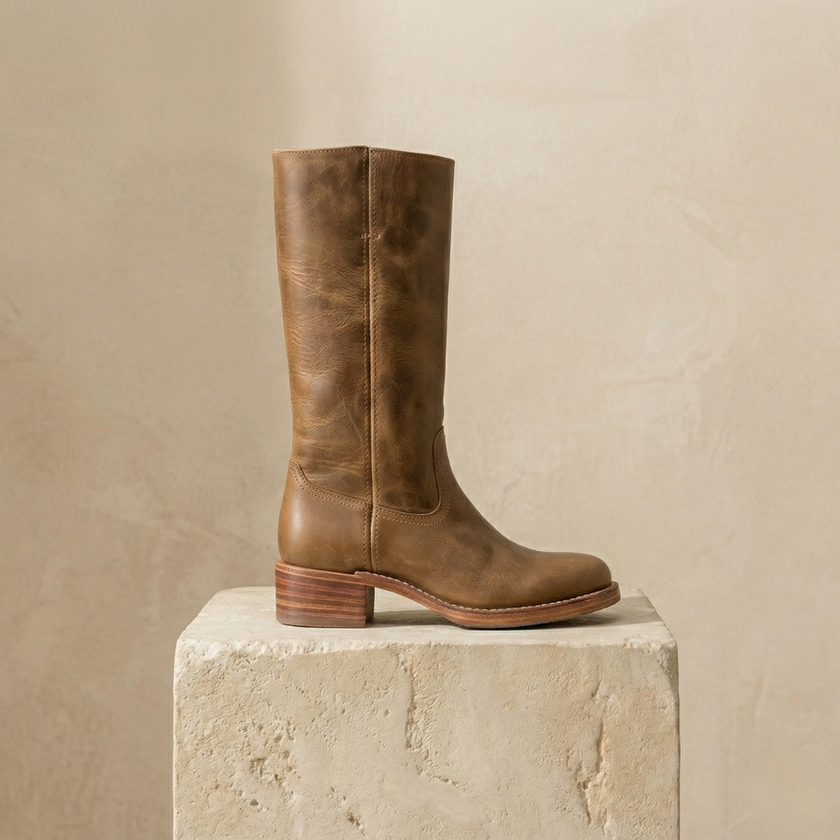 FJØRNA men's tan leather knee-high boots with block heels, stylish and durable shoes for men.