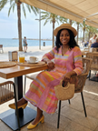FJØRNA women's summer midi dress with striped pattern, long sleeves, flowy lightweight fabric for a casual, stylish look.