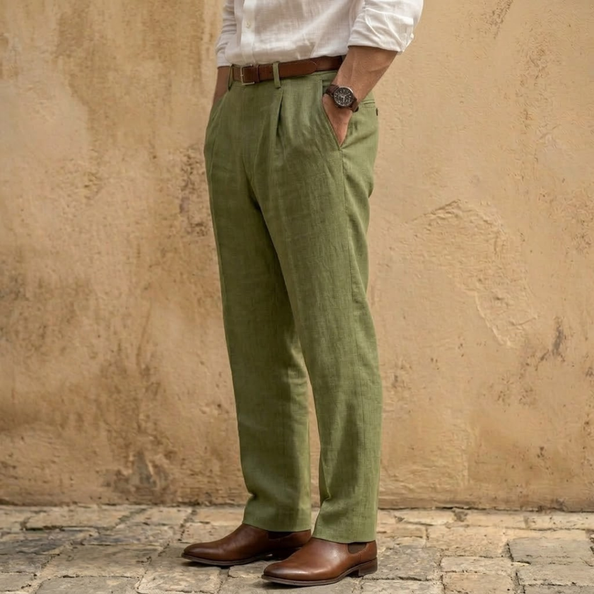 FJØRNA men's linen blend straight leg trousers with pleats, lightweight and stylish pants for a relaxed, tailored look.