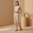 FJØRNA women's high waist slim fit trousers, tailored pants with a sleek, modern silhouette in a neutral color.