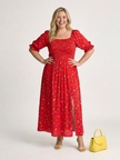 FJØRNA women's summer midi dress with floral pattern, square neck, and puff sleeves, perfect for warm-weather wear.