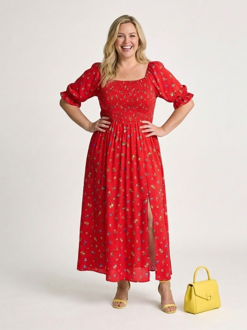 FJØRNA women's summer midi dress with floral pattern, square neck, and puff sleeves, perfect for warm-weather wear.