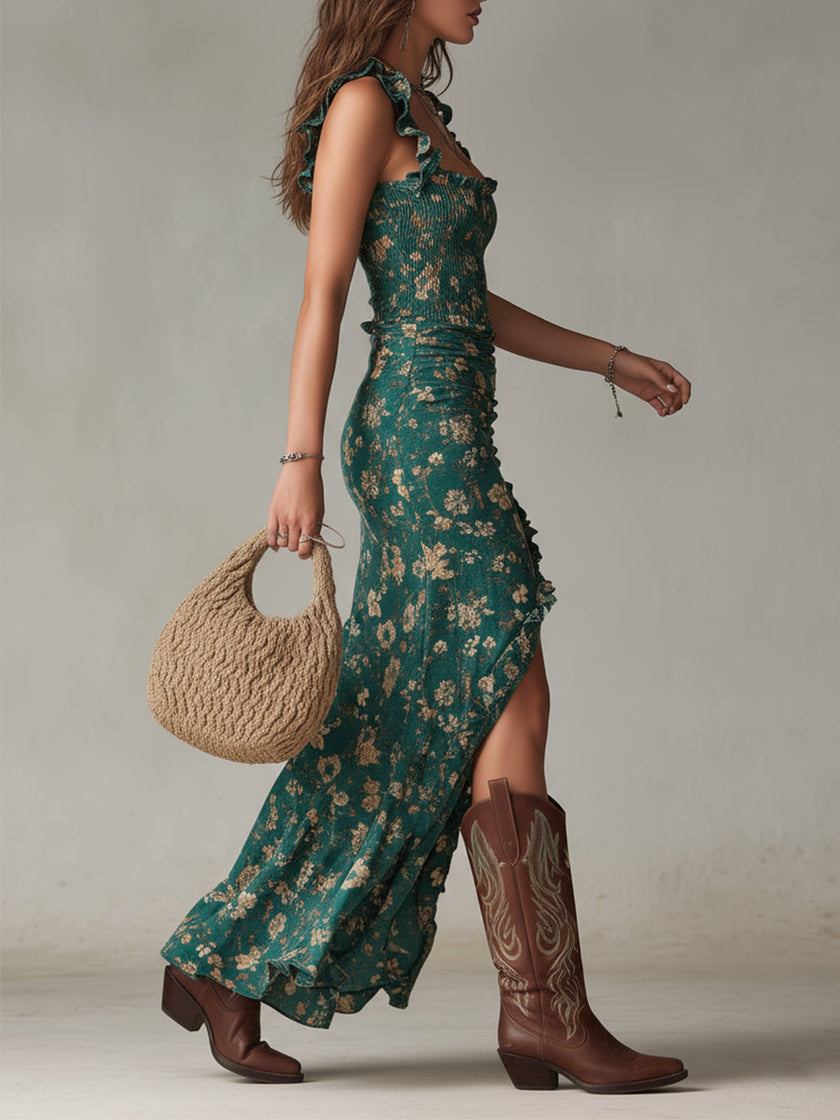 FJØRNA ruffle maxi dress in soft fabric, casual style with flowing silhouette and ruffled details, perfect for warm weather.