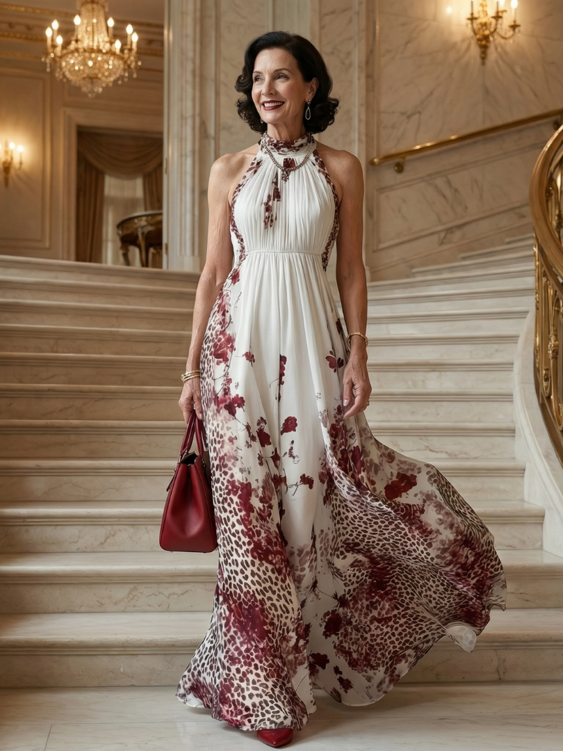 FJØRNA women's floral summer maxi dress with V-neck and long sleeves, lightweight and flowy for warm weather.