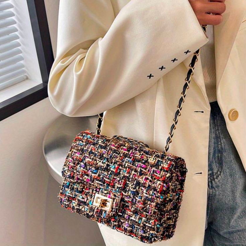 Tanja – Chic Tweed Shoulder Bag with Gold Chain Accent