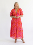 FJØRNA women's summer midi dress with floral pattern and puff sleeves, lightweight and perfect for warm weather.