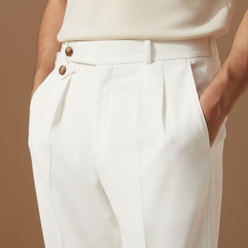 FJØRNA men's straight leg high waist trousers, stylish pants with a tailored fit, in a neutral color, laid flat on a white background.